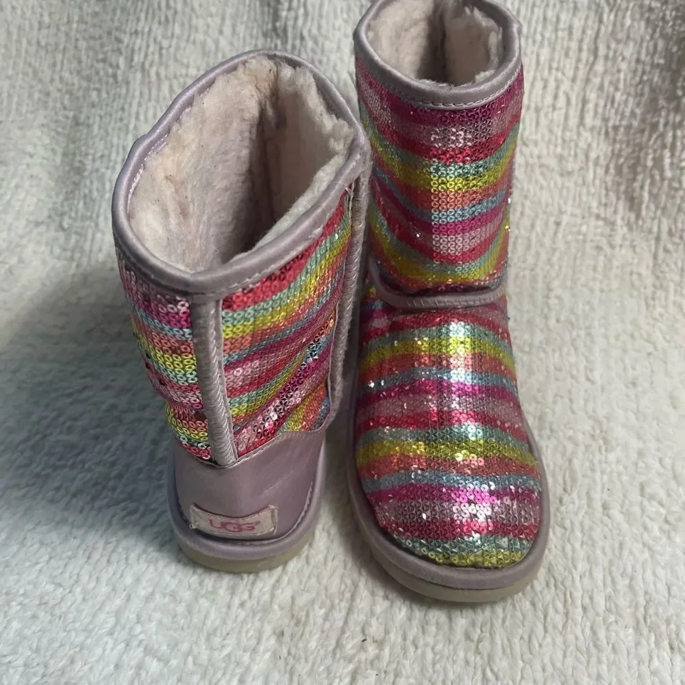 UGG sparkle Sequins Rainbow kids Boots leather blush pink trims  fur lining SZ6